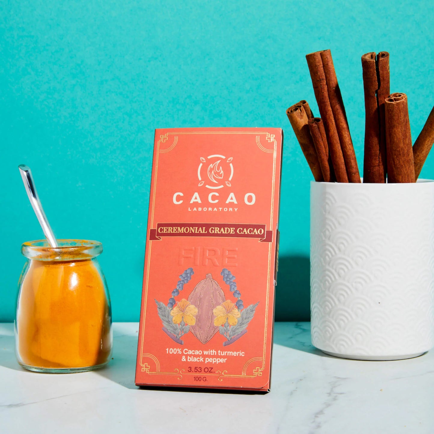 CEREMONIAL CACAO - FIRE Element: Ignite Your Passion with Turmeric and Black Pepper (3.5 oz bar)