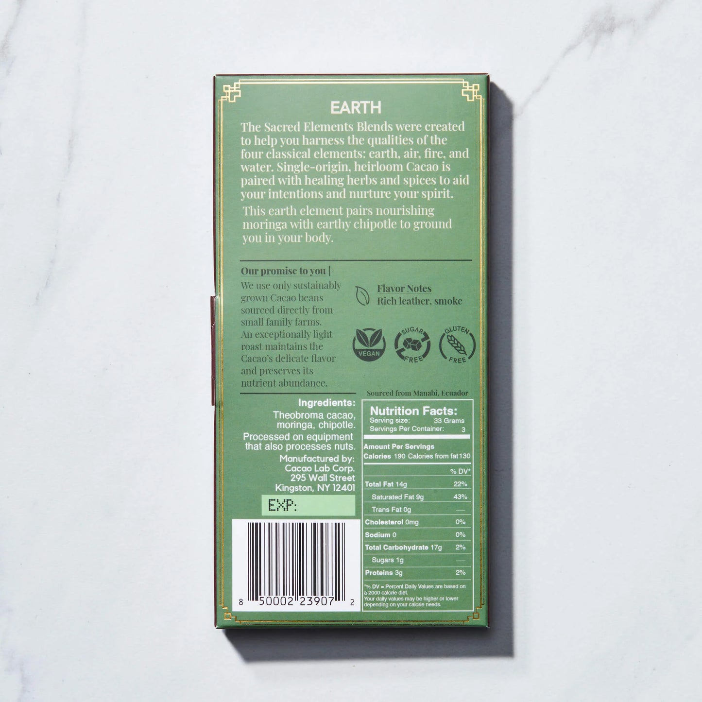 CEREMONIAL CACAO - EARTH Element: Nourish Your Roots with Moringa and Chipotle (3.5 oz bar)