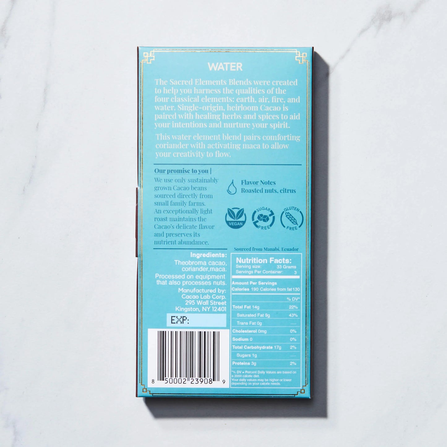 CEREMONIAL CACAO - WATER Element: Invoke Your Creativity with Coriander and Maca (3.5 oz bar)